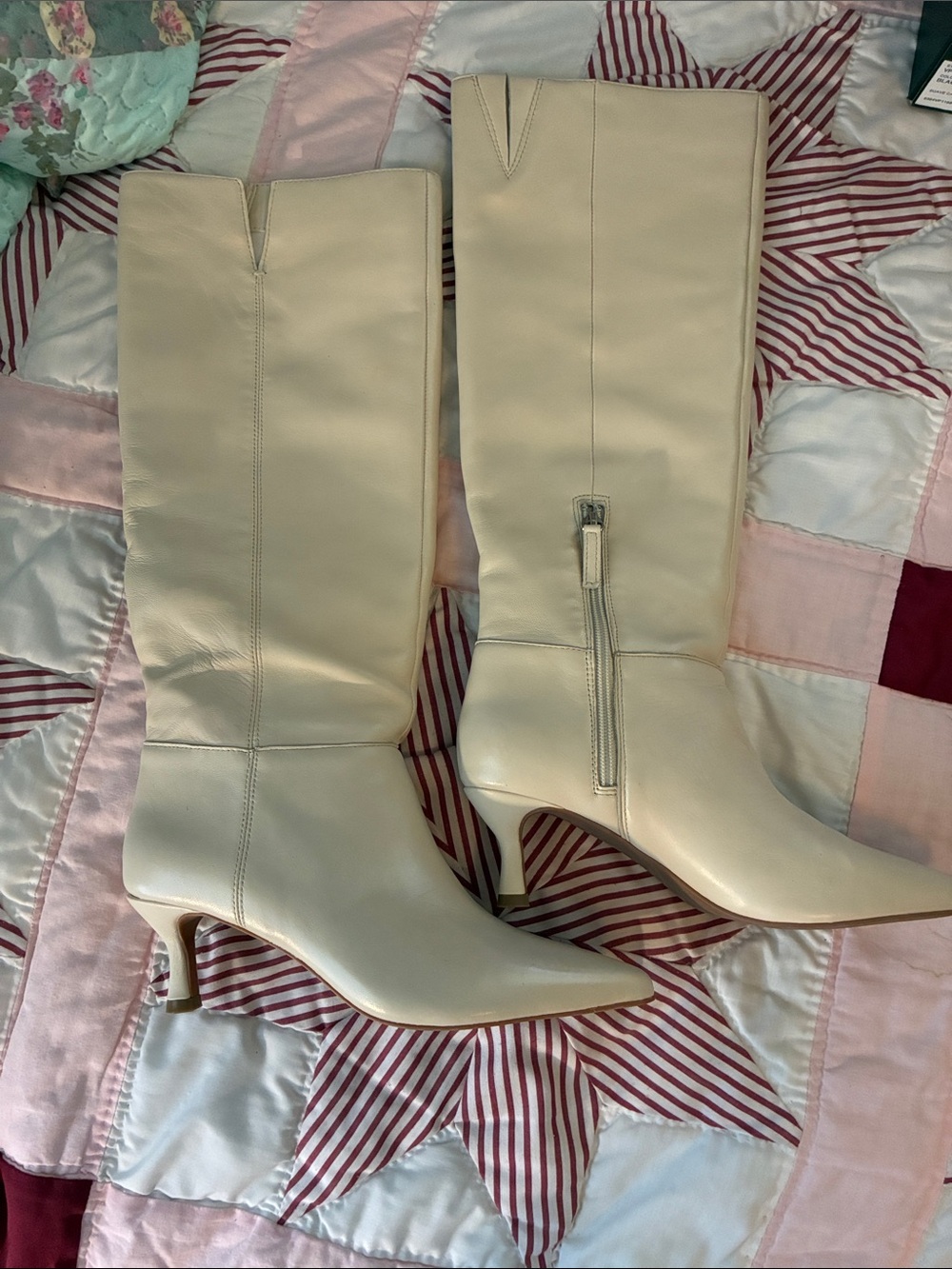 NEW Sanctuary Leather Cream Knee-High Pointed-Toe Heeled Boots Sz 7